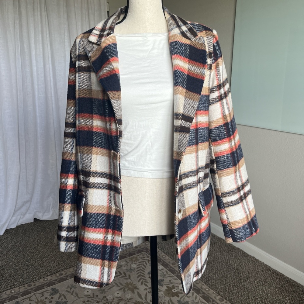 Plaid Long Faux Wool Blazer Dark Academia Fall Jacket Brown Navy Size 10 M L